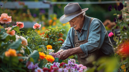 A retired gentleman tending to his backyard garden, cultivating a colorful array of flowers and vegetables with tender loving care — ventures, travel, entertainment and hobbies, ha