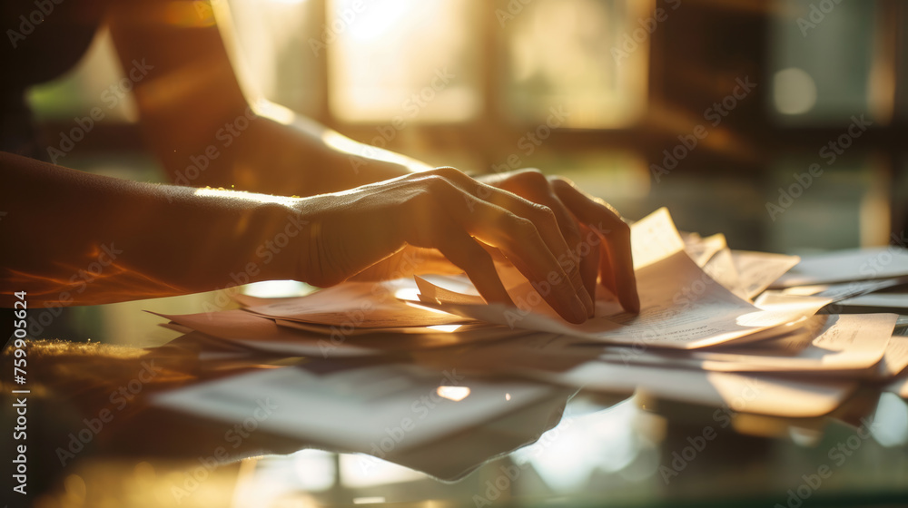 Poster close-up of a person's hands sorting through a large stack of papers and documents secured with blac