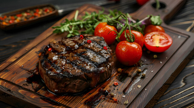 Succulent thick juicy portions of grilled fillet steak served with tomatoes and roast vegetables on wooden board