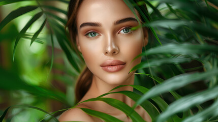 Fototapeta premium Portrait of young and beautiful woman with perfect smooth skin in tropical leaves. Concept of natural cosmetics and skincare.
