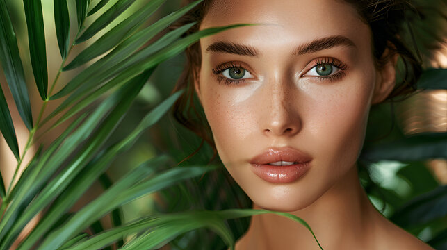 Portrait of young and beautiful woman with perfect smooth skin in tropical leaves. Concept of natural cosmetics and skincare.