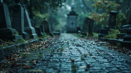 A misty path leads through an old cemetery, the stones wet from rain, and a silent ambience filled with the whispers of ancient tales.