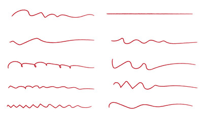 Naklejka premium Line underline red crayon brush pencil pen marker paint stroke. Line red brush crayon highlight underline strike color through drawn strikethrough handwritten emphasis squiggle swoosh under.