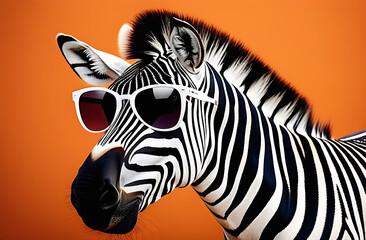 Fototapeta na wymiar Funny zebra in sunglasses on orange background
