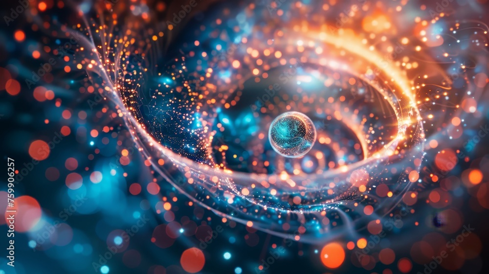 Poster digital art representing quantum physics with vibrant particle waves and a floating orb amidst a dyn