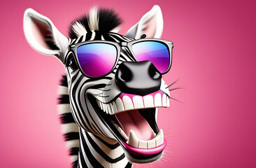 Fototapeta na wymiar Funny zebra with wide smile , laughing in sunglasses on pink background