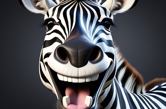 Funny zebra with wide smile , laughing in sunglasses on grey background