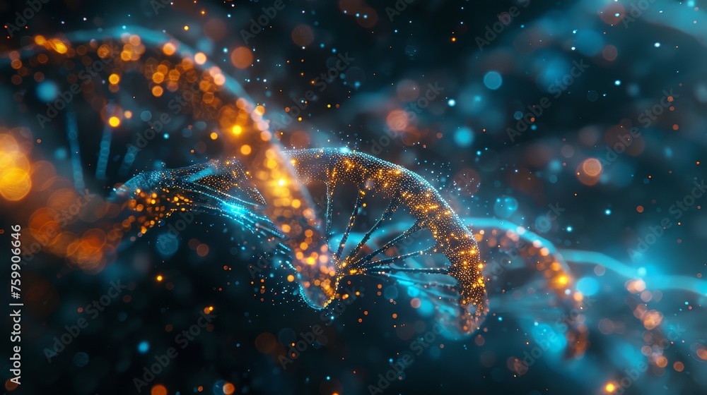 Poster a striking image of a dna double helix surrounded by a swarm of glowing particles, evoking the dynam