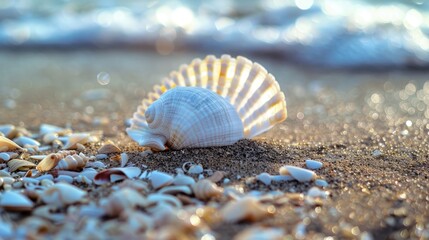 Fototapeta na wymiar Seashells on the beach, island tourism concept, beach shell screen saver, advertising screen, public service advertisement