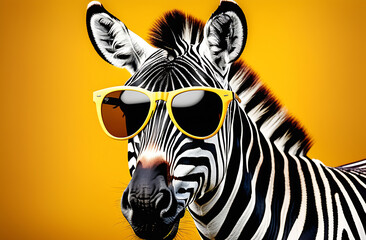 Funny zebra in sunglasses on yellow background - obrazy, fototapety, plakaty