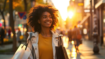 Joyful young woman with blonde, curly hair is carrying shopping bags and smiling as she walks down...