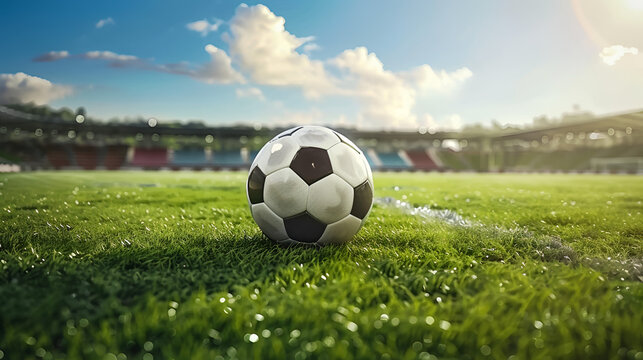 soccer ball on goal with stadiem background