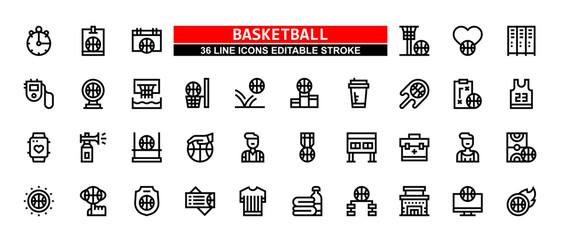 36 Basketball Line Icons Set Pack Editable Stroke Vector Illustration. 