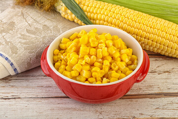Canned yellow corn in the bowl