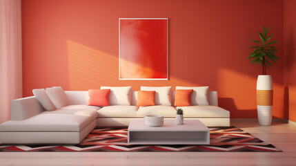 Elegant Lounge with Coral Red Walls, Contemporary Sofa, and Abstract Rug Design