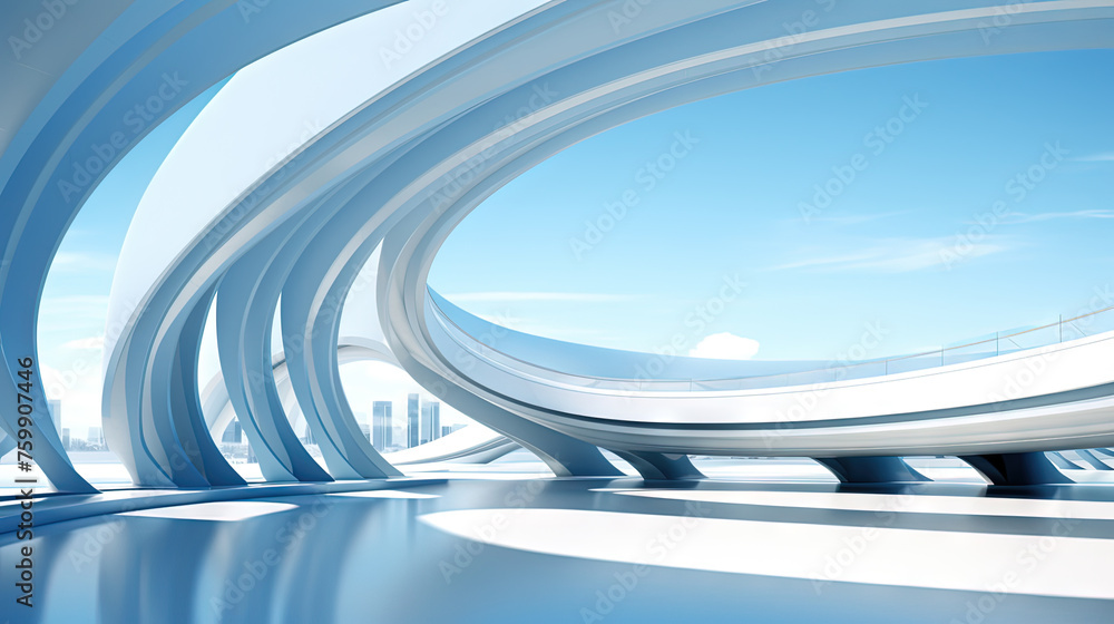 Aufkleber Abstract architecture scene with smooth curves. Abstract background with futuristic building in white and blue colors.