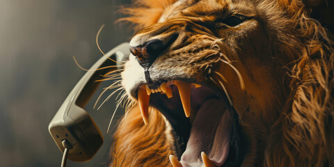 Portrait of angry lion growling into telephone receiver on a simple flat background, copy space. Creative concept of phone spam, anger, scammers annoying. - obrazy, fototapety, plakaty