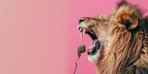 Portrait of angry lion growling into telephone receiver on a simple flat pink background, copy space. Creative concept of phone spam, anger, scammers annoying. - obrazy, fototapety, plakaty