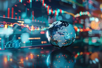 Global economy concept with a world map projected on a transparent crystal ball Surrounded by dynamic financial charts and figures.