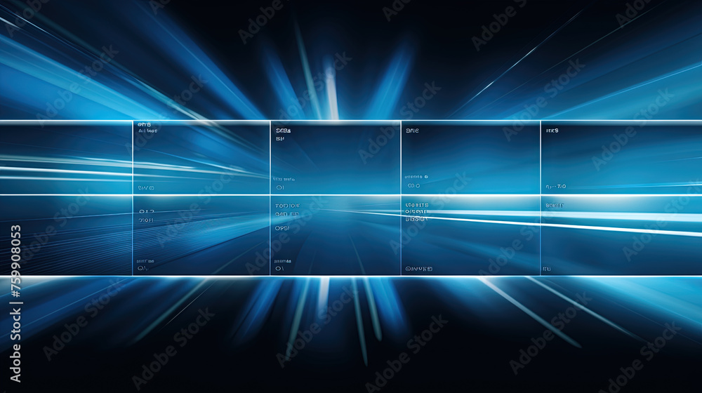 Poster business abstraction with infographics style data blocks in blue glowing lights.