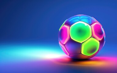 Fototapeta premium Abstract glowing neon colored soccer ball over blue background, space for text.