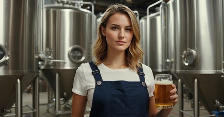 A young female brewer in a modern beer production factory, woman brewery worker, Generative AI