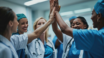 Group of medical professionals in scrubs and white coats, putting their hands together in a unified gesture - obrazy, fototapety, plakaty