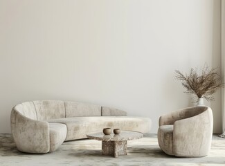Beige curved sofa and armchairs with marble coffee table against white wall in minimalist living room interior mockup