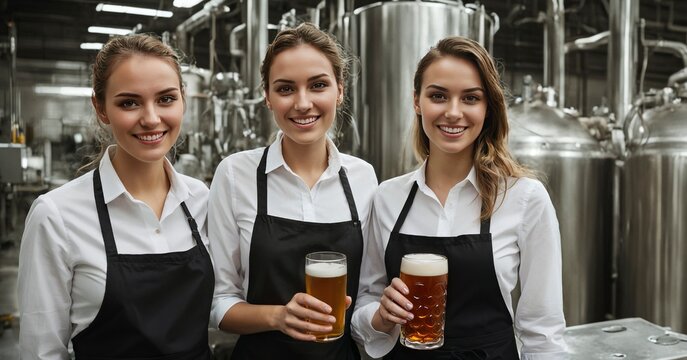 three young women brewers with beer in a modern beer production factory, brewery workers, female brewers, Generative AI