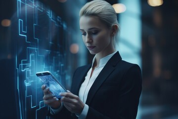 Young businesswoman with futuristic facial recognition technology.