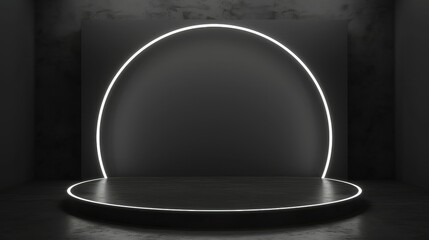 Black Friday Sale Concept. Circle black podium, decoration with neon light white round design on dark background.