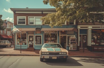 Fototapeta premium Vintage red car parked on urban street.