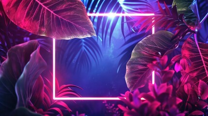 Fototapeta na wymiar Bright glowing leaves with neon frame. exotic illuminated plants, natural flowers and jungle tropical leaf with border of square shape. summer disco party poster.