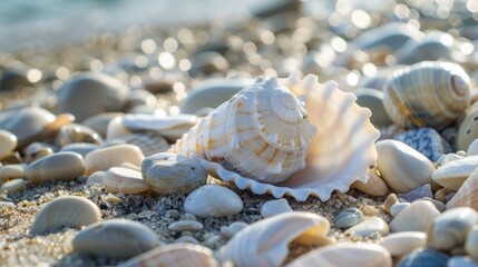 Fototapeta na wymiar Seashells on the beach, island tourism concept, beach shell screen saver, advertising screen, public service advertisement