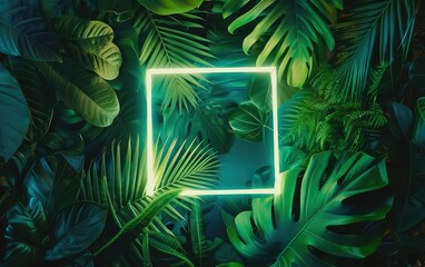 Creative fluorescent color layout made of tropical leaves with neon light square. - obrazy, fototapety, plakaty
