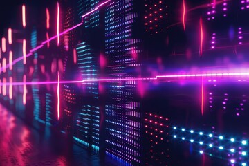 Digital equalizer sound wave vector illustration. Music neon background. Illuminated digital wave of glowing particles. - obrazy, fototapety, plakaty