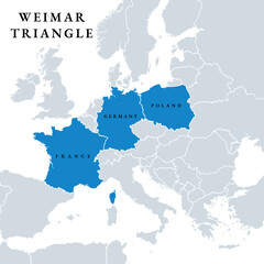 Weimar Triangle member states, political map. Regional alliance of France, Germany and Poland, created in 1991 in the German city of Weimar, to promote cross-border cooperation between the countries.