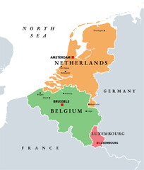 Benelux, Benelux Union member states, political map. Politico-economic union and formal international intergovernmental cooperation of the European states Belgium, the Netherlands, and Luxembourg. - 759909671