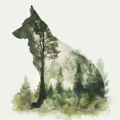 Double Exposure: German Shepherd Silhouette and Park Watercolor Art Gen AI