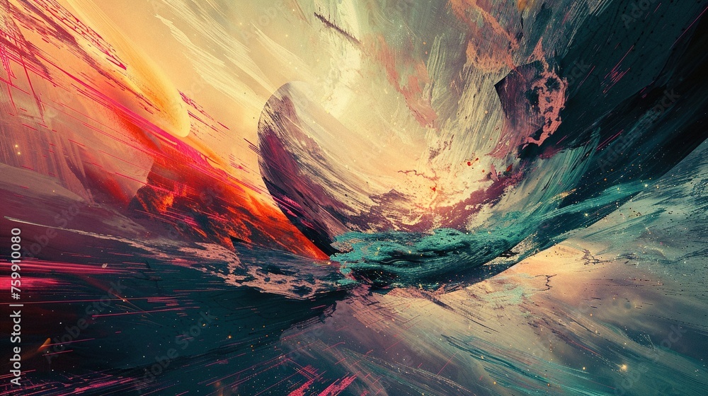 Poster an abstract digital art piece exploring the concept of time and space through distorted shapes and s