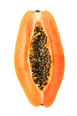 Close-up View of a Halved Papaya with Seeds on White Background