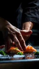 Fotobehang Expert Sushi Chef Precisely Prepares Nigiri Sushi in Gourmet Restaurant © slonme