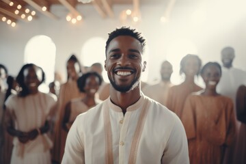 Joyful man in traditional attire with a broad smile, foreground focus with a blurred group of people in the background - obrazy, fototapety, plakaty