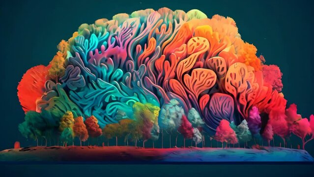 Abstract colorful tree with leaves in the shape of a human brain. Creativity concept