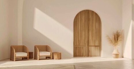 3D rendering of a mockup interior design. A living room with a wooden arched door frame and wicker armchairs on a light beige wall background - obrazy, fototapety, plakaty