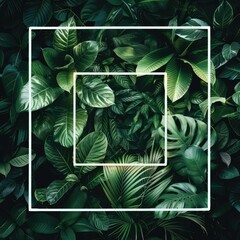 A square lozenge neon shape floating between green tropical leaves - obrazy, fototapety, plakaty