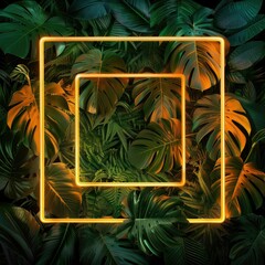 A square lozenge neon shape floating between green tropical leaves