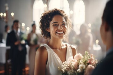 Radiant bride receiving a bouquet, joyous moment at a wedding ceremony with guests in soft-focus background
