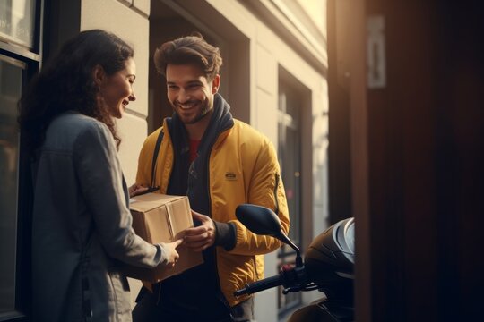 Delivery man handing a package to a smiling woman at her doorstep, motorcycle in the background, warm and friendly service