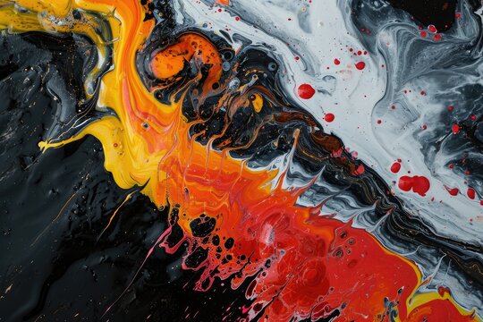 This photo showcases an abstract painting featuring bold black, yellow, and red colors, A ruptured spleen in a striking abstract style, AI Generated